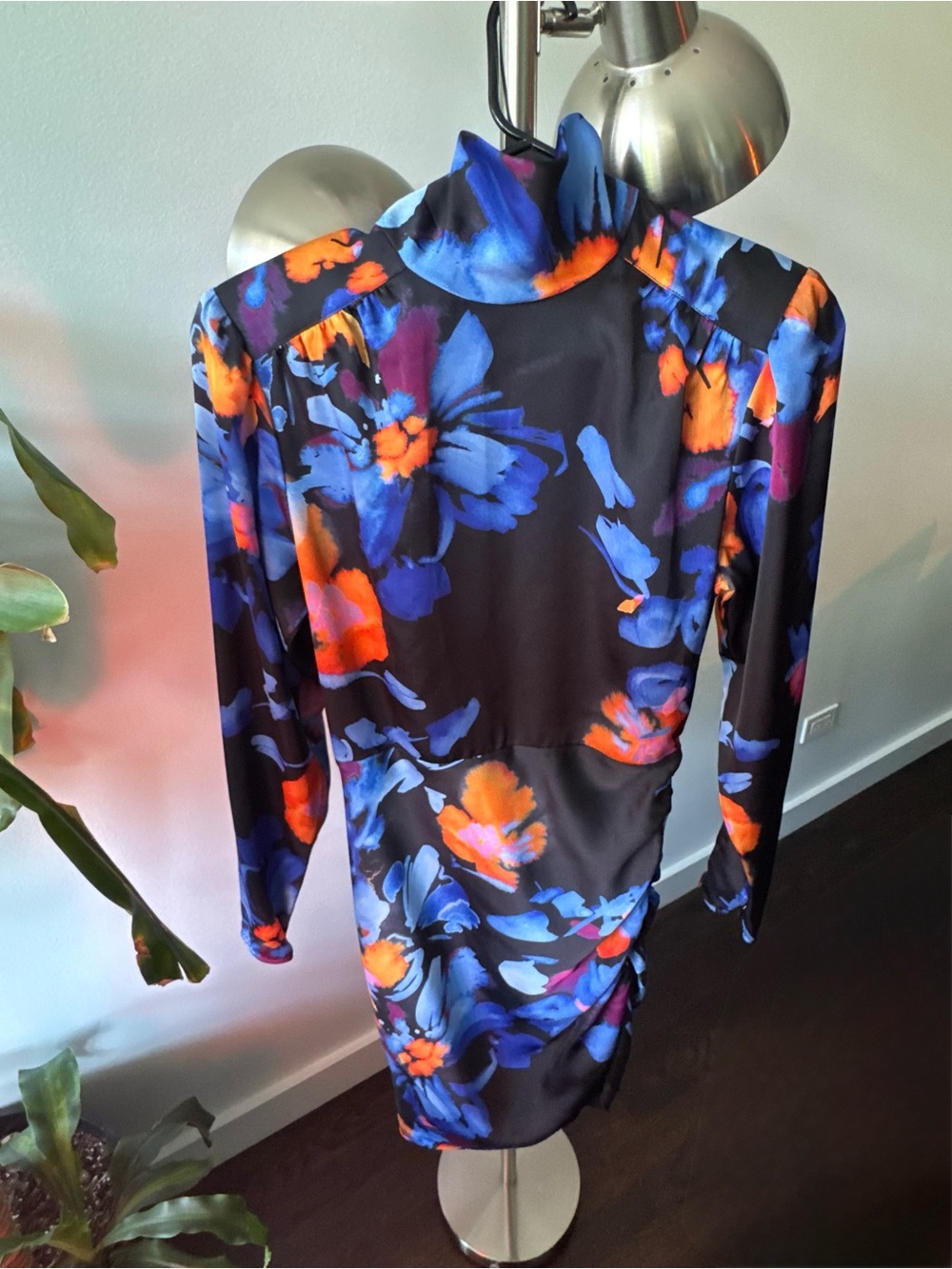 Marciano Black Mini Dress with Blue & Orange Floral Print - Size 6